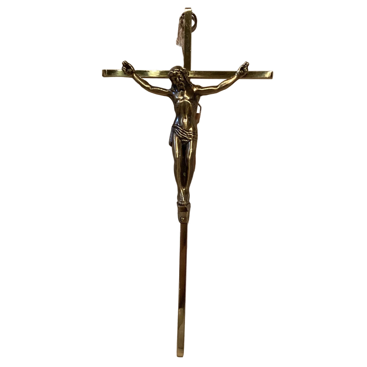 Bronze-tone 10-inch Catholic crucifix with minimalist design, featuring a Christian cross and Jesus figure, suitable for religious decor.