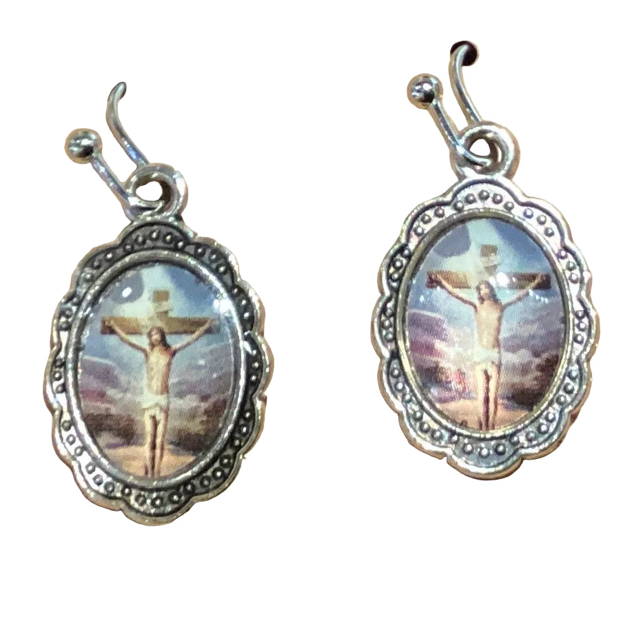 Silver Catholic dangle earrings with faith-inspired religious symbols, perfect for Christian and Catholic devotional jewelry.