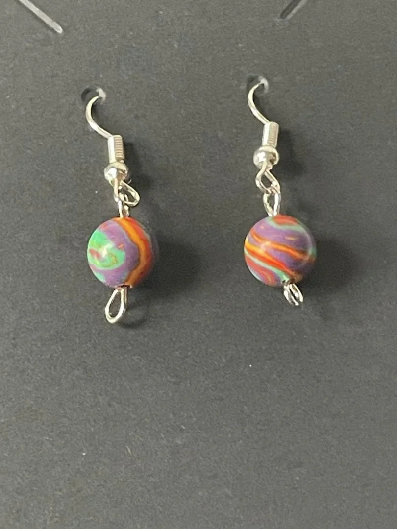 Rainbow Calsilica bead silver hook dangle earrings by Sylvia Leroux, featuring colorful gemstone beads and elegant silver hooks.