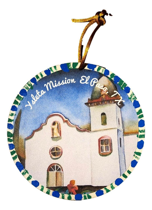 Original Art Print - Ysleta Mission with Handpainted Flowers, Laminated Over Wood, Round 4.5" x 4" - Ysleta Mission Gift Shop