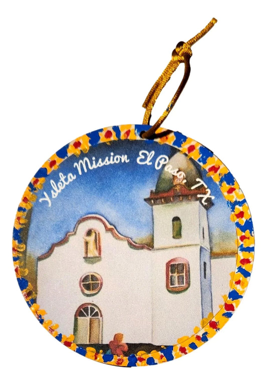 Original Art Print - Ysleta Mission with Handpainted Flowers, Laminated Over Wood, Round 4.5" x 4" - Ysleta Mission Gift Shop