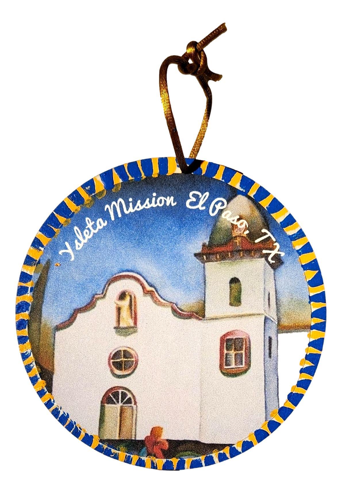 Original Art Print - Ysleta Mission with Handpainted Flowers, Laminated Over Wood, Round 4.5" x 4" - Ysleta Mission Gift Shop