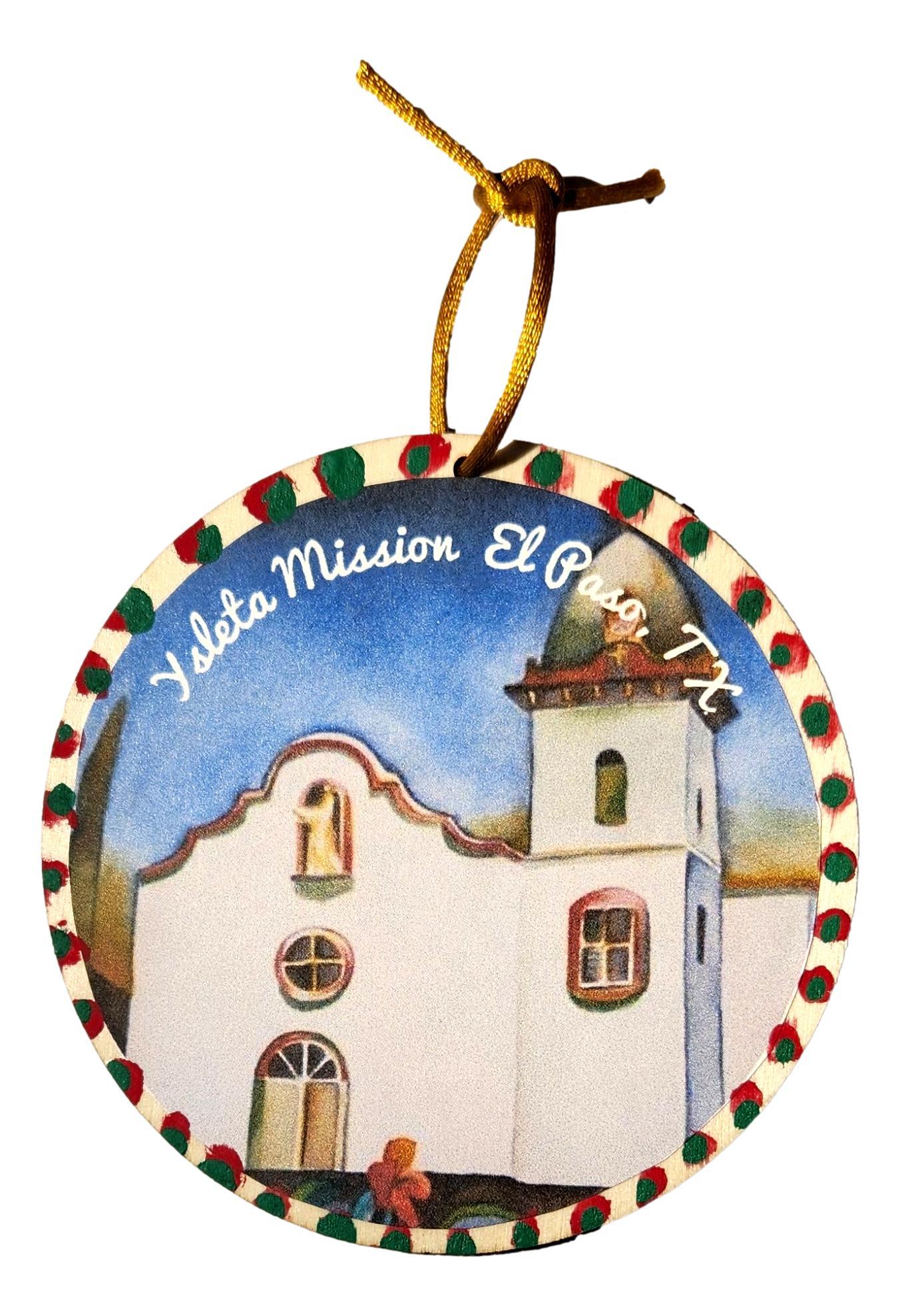 Original Art Print - Ysleta Mission with Handpainted Flowers, Laminated Over Wood, Round 4.5" x 4" - Ysleta Mission Gift Shop