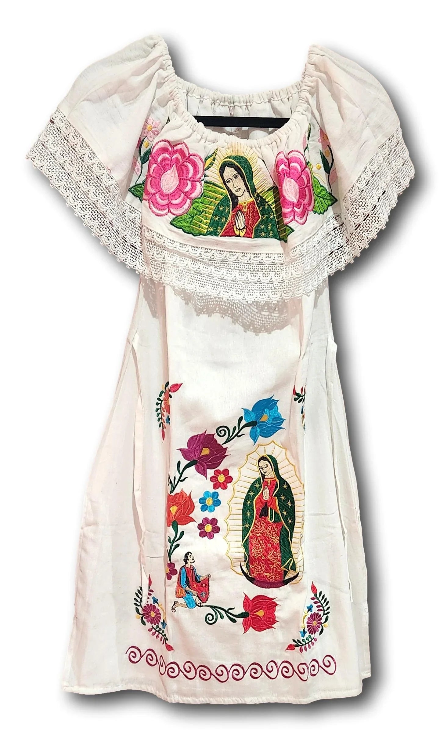 Lady of Guadalupe Embroidered White Dress | Virgen De Guadalupe Mexican Dress | Embroidery - Ysleta Mission Gift Shop