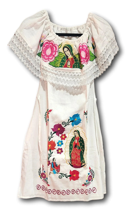 Lady of Guadalupe Embroidered White Dress | Virgen De Guadalupe Mexican Dress | Embroidery - Ysleta Mission Gift Shop