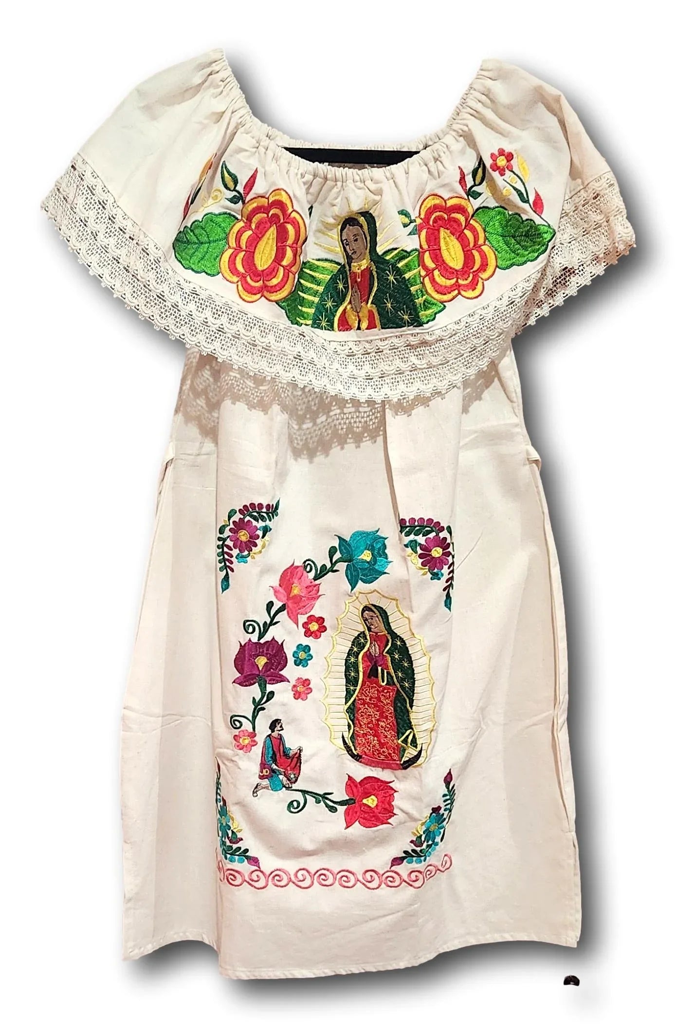 Lady of Guadalupe Embroidered Cream Dress | Virgen De Guadalupe Mexican Dress | Embroidery - Ysleta Mission Gift Shop