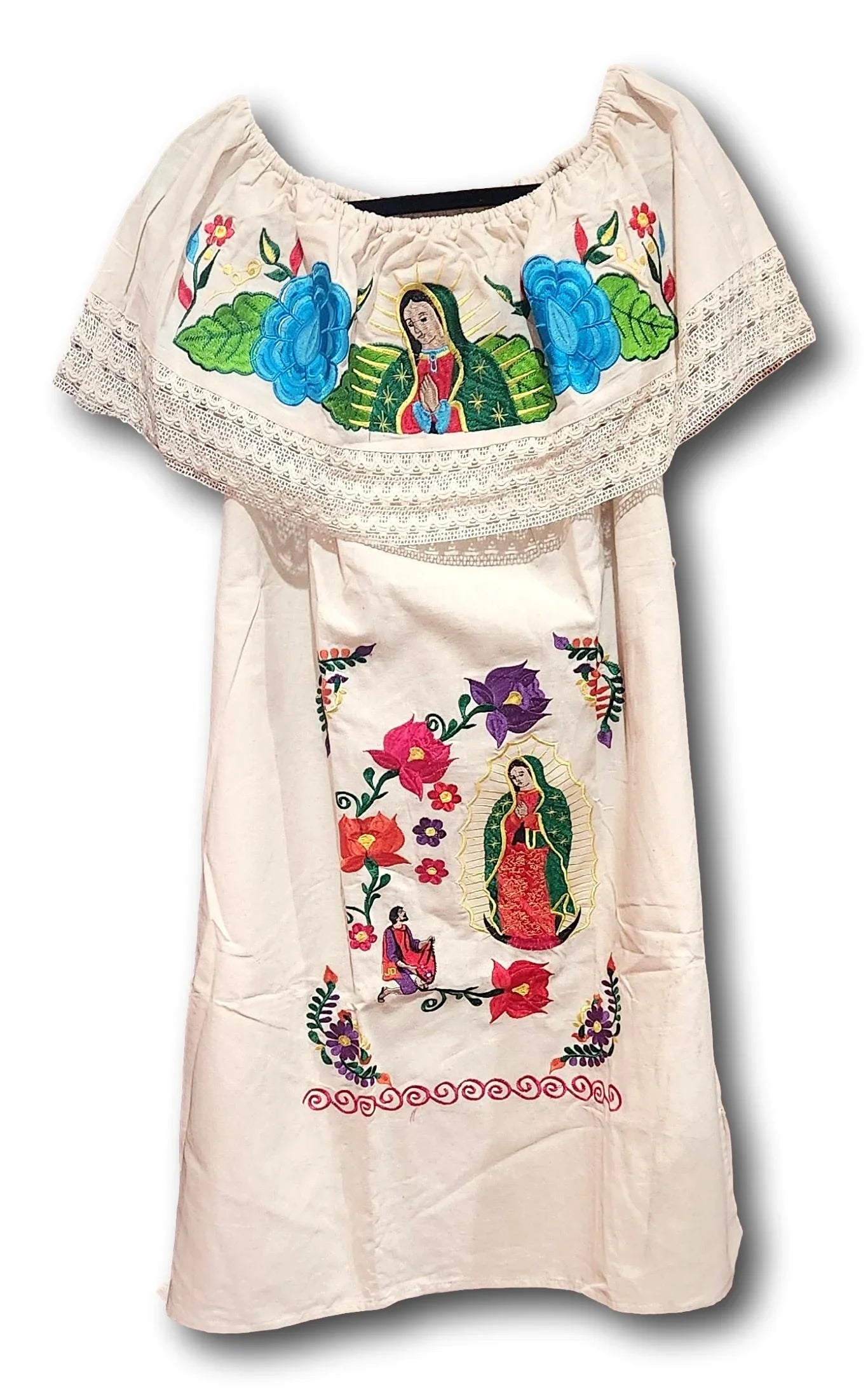 Lady of Guadalupe Embroidered Cream Dress | Virgen De Guadalupe Mexican Dress | Embroidery - Ysleta Mission Gift Shop