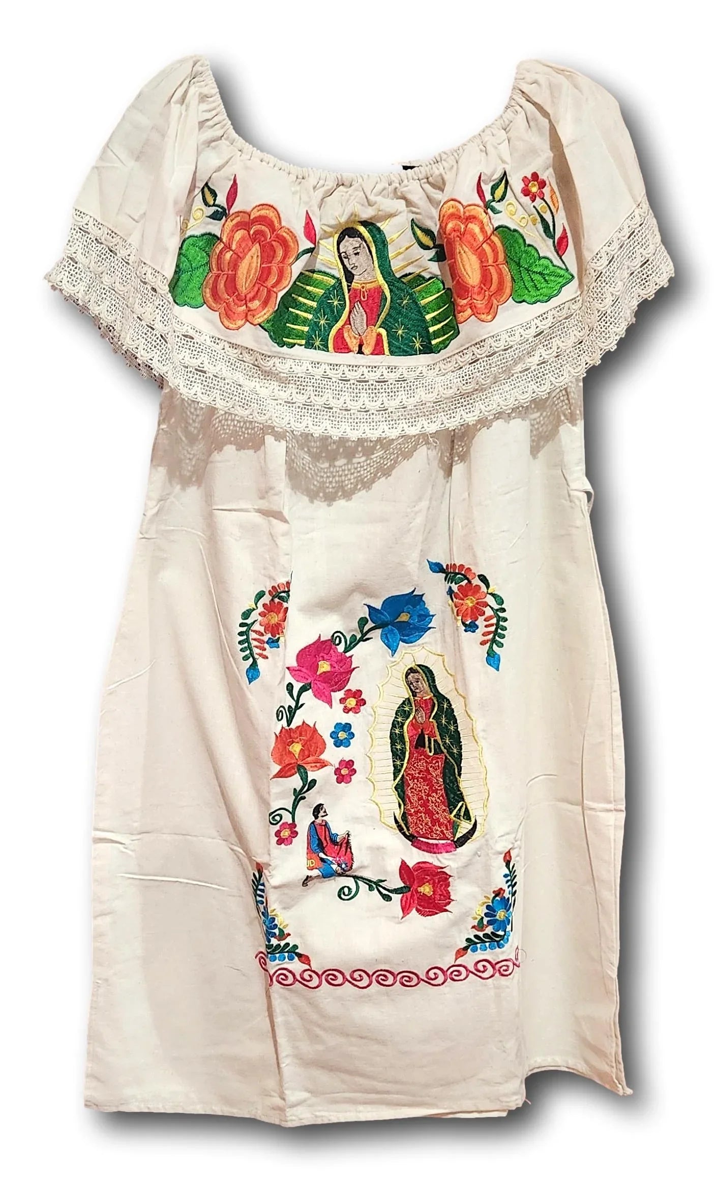 Lady of Guadalupe Embroidered Cream Dress | Virgen De Guadalupe Mexican Dress | Embroidery - Ysleta Mission Gift Shop