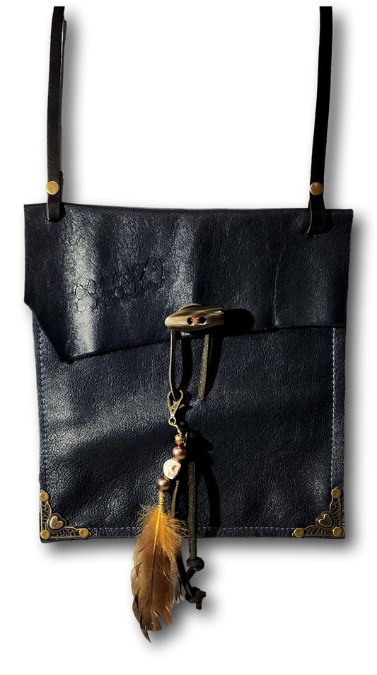 Blue Leather Crossbody Bag with Feather Tassel- Brass Snaps- 8.5 x 8.5 x 15 Size - Ysleta Mission Gift Shop