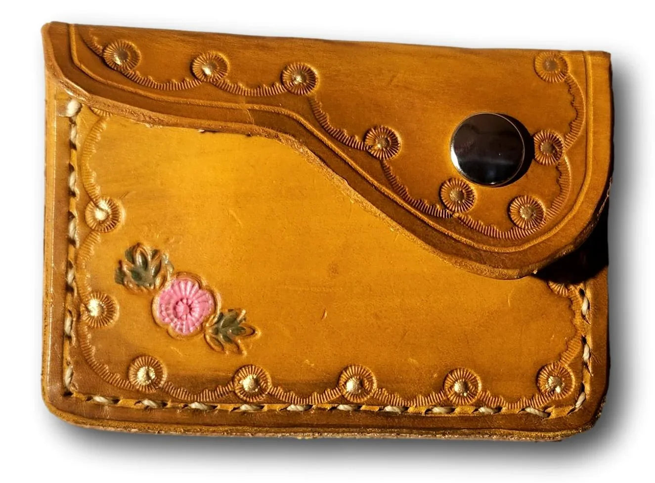 Handmade Floral Leather Card or Coin Purse – Compact 4" x 2.5" Accessory - Ysleta Mission Gift Shop