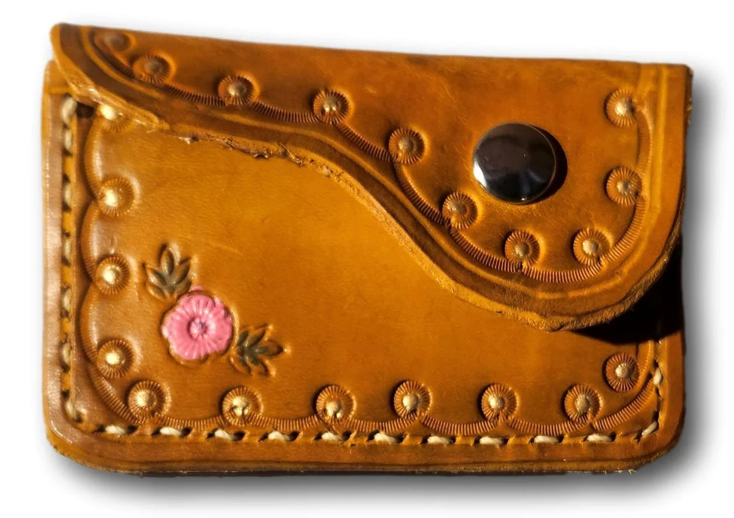Handmade Floral Leather Card or Coin Purse – Compact 4" x 2.5" Accessory - Ysleta Mission Gift Shop