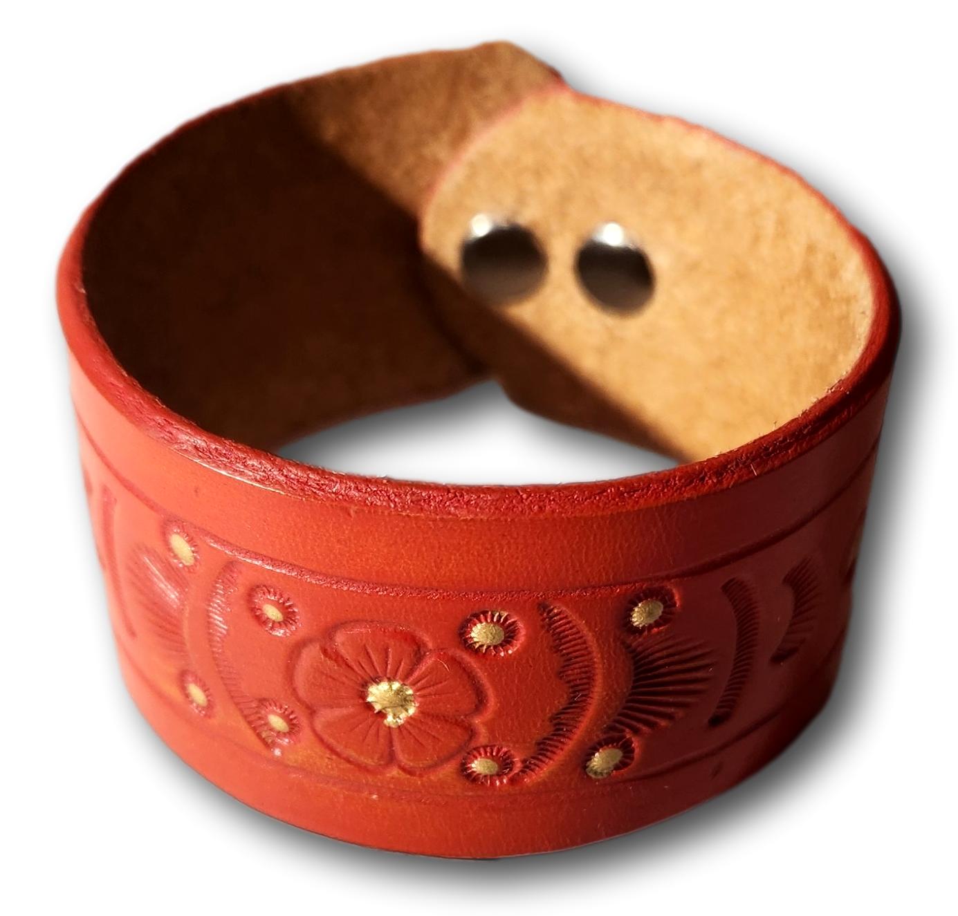 Red Leather Bracelet with Floral Design – Handcrafted Boho Jewelry 8.5"