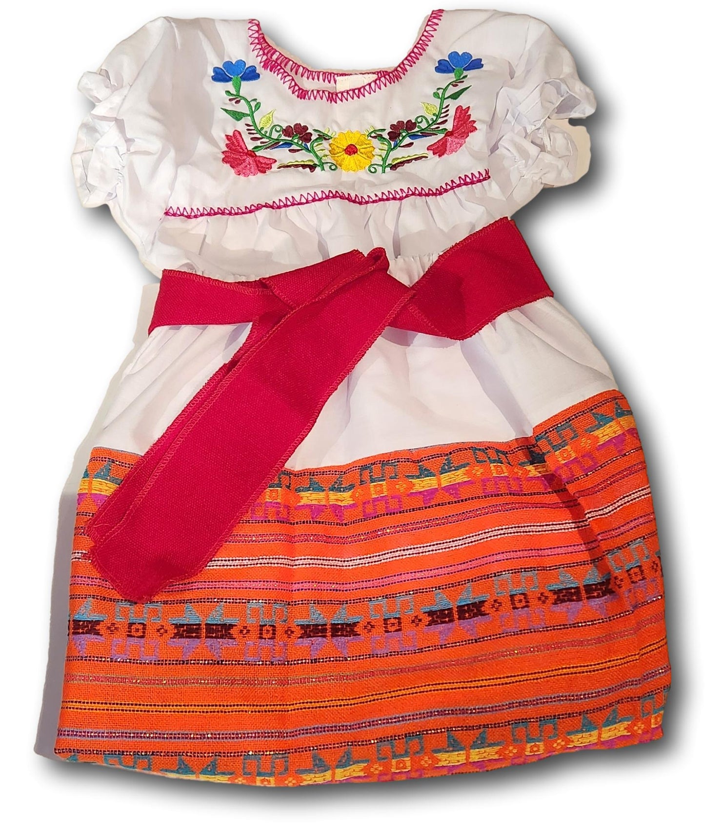 Girl's 3-Piece Mexican Embroidered Tunic Set – Handmade Skirt, Shirt & Belt from Puebla (Assorted Colors)