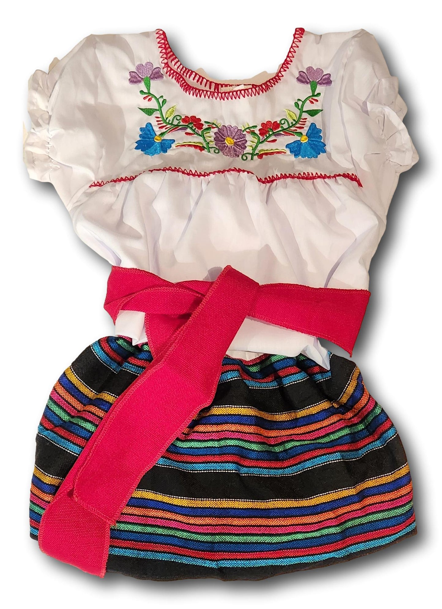 Girl's 3-Piece Mexican Embroidered Tunic Set – Handmade Skirt, Shirt & Belt from Puebla (Assorted Colors)