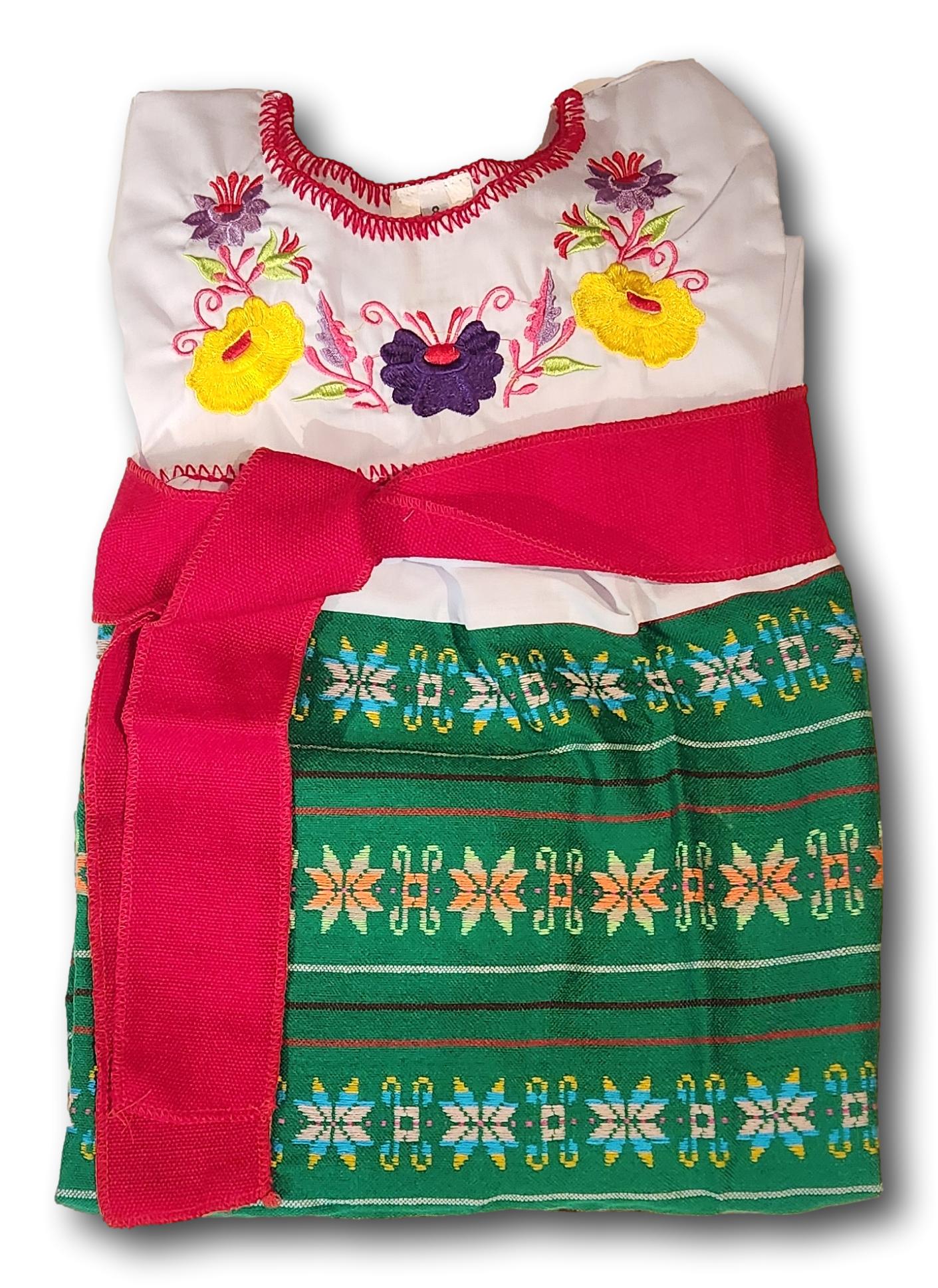 Girl's 3-Piece Mexican Embroidered Tunic Set – Handmade Skirt, Shirt & Belt from Puebla (Assorted Colors)