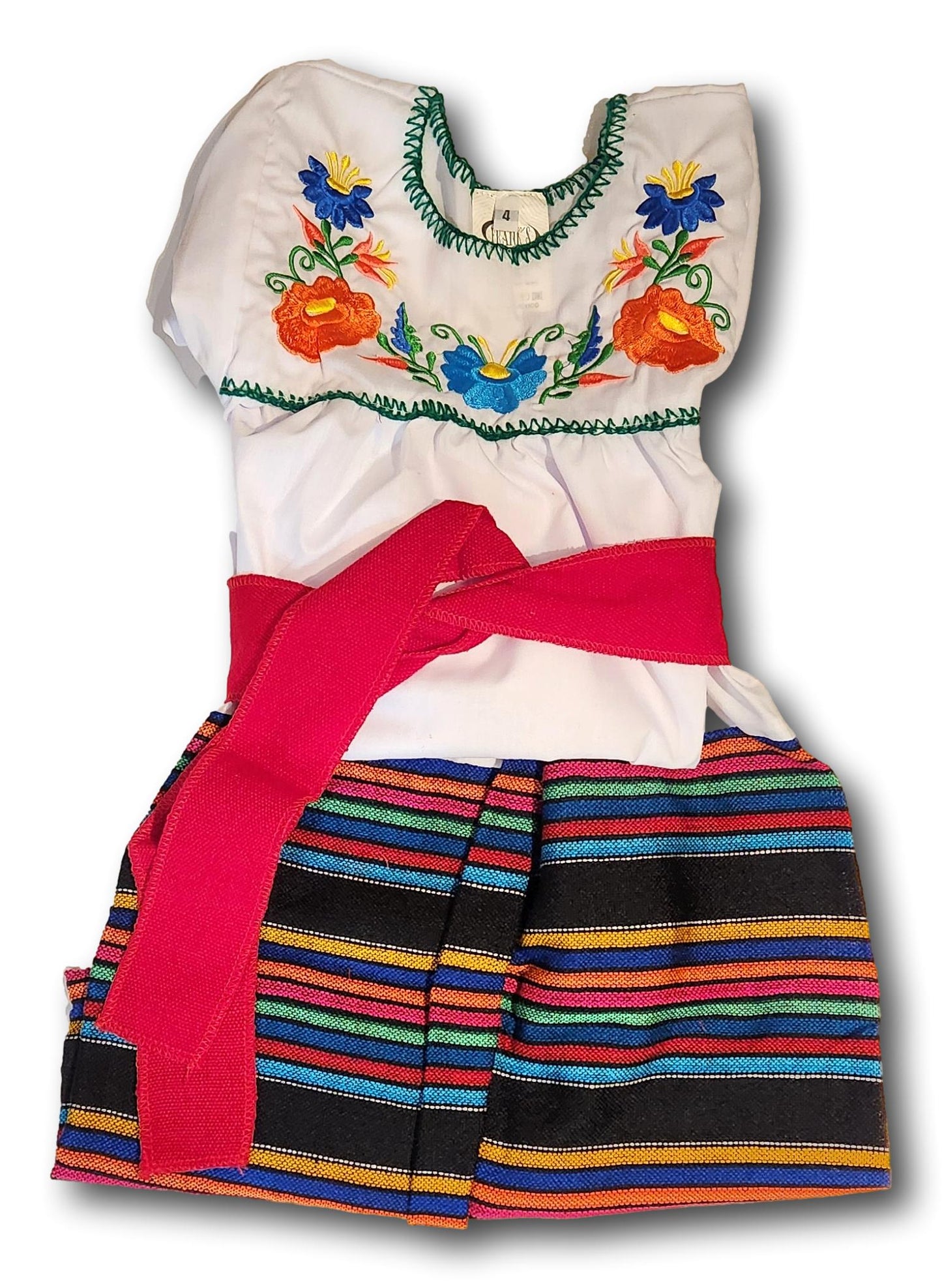 Girl's 3-Piece Mexican Embroidered Tunic Set – Handmade Skirt, Shirt & Belt from Puebla (Assorted Colors)