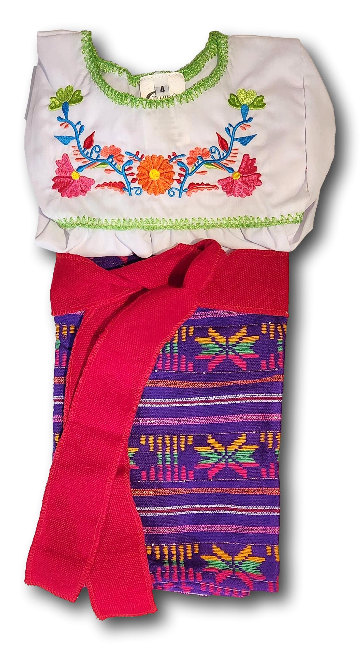 Girl's 3-Piece Mexican Embroidered Tunic Set – Handmade Skirt, Shirt & Belt from Puebla (Assorted Colors)