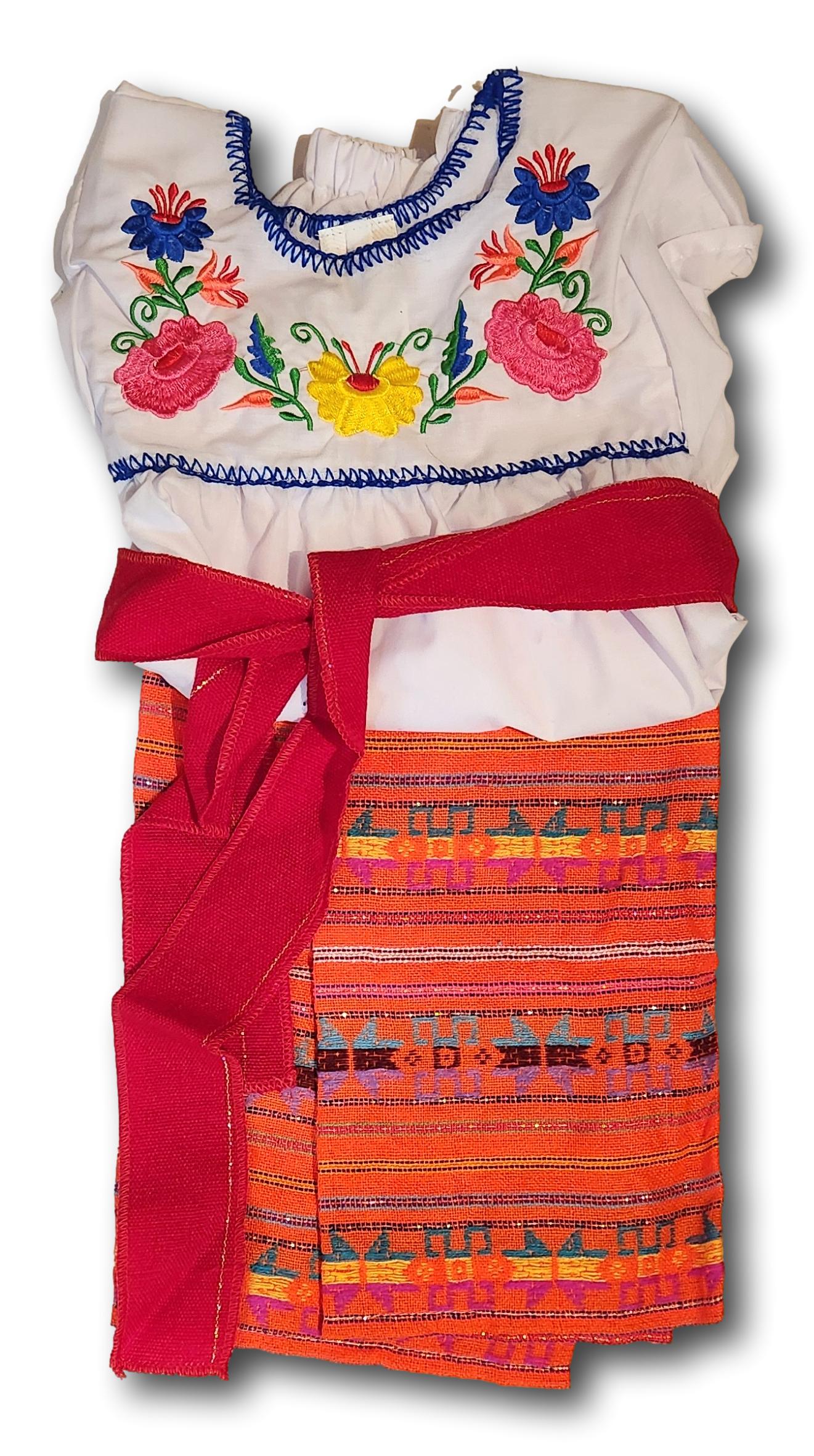 Girl's 3-Piece Mexican Embroidered Tunic Set – Handmade Skirt, Shirt & Belt from Puebla (Assorted Colors)