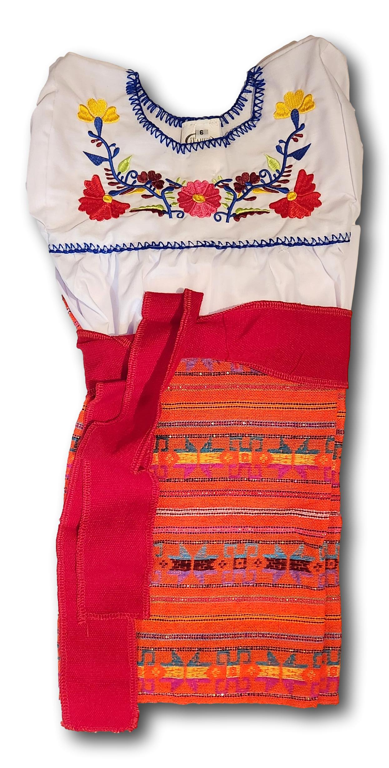 Girl's 3-Piece Mexican Embroidered Tunic Set – Handmade Skirt, Shirt & Belt from Puebla (Assorted Colors)