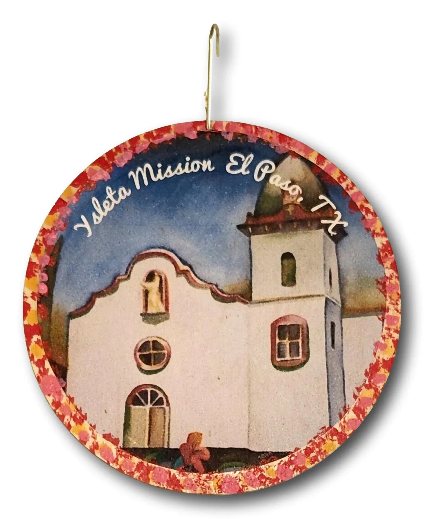 Original Art Print - Ysleta Mission with Handpainted Flowers, Laminated Over Wood, Round 4.5" x 4" - Ysleta Mission Gift Shop