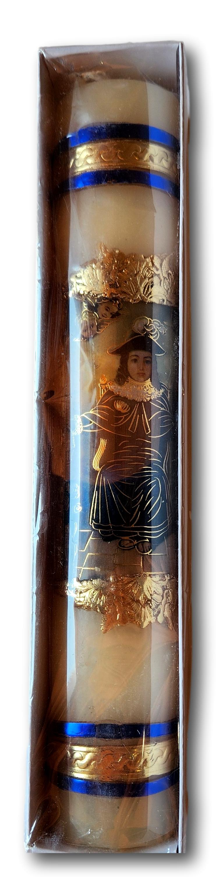 Devotional Handcrafted Patron Saint Candles – Decorative Gold Seal Detail - Ysleta Mission Gift Shop