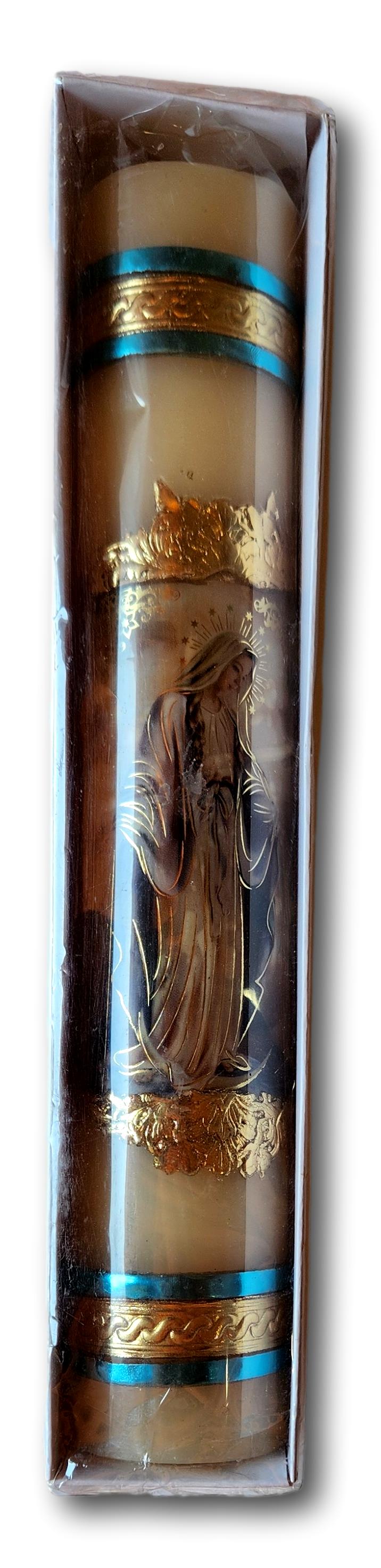 Devotional Handcrafted Patron Saint Candles – Decorative Gold Seal Detail - Ysleta Mission Gift Shop