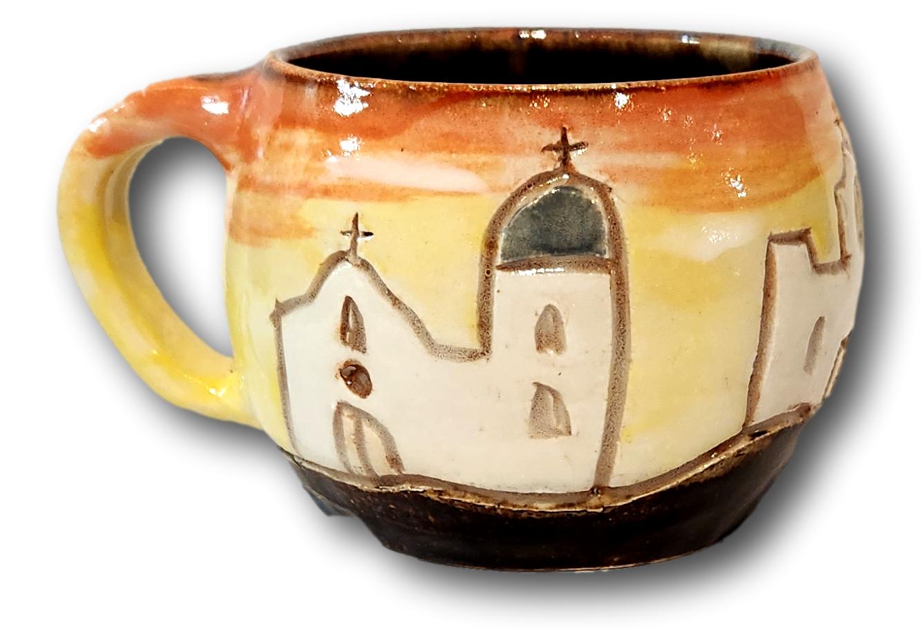 Taza de cerámica con el Sendero de la Misión de El Paso tallado a mano