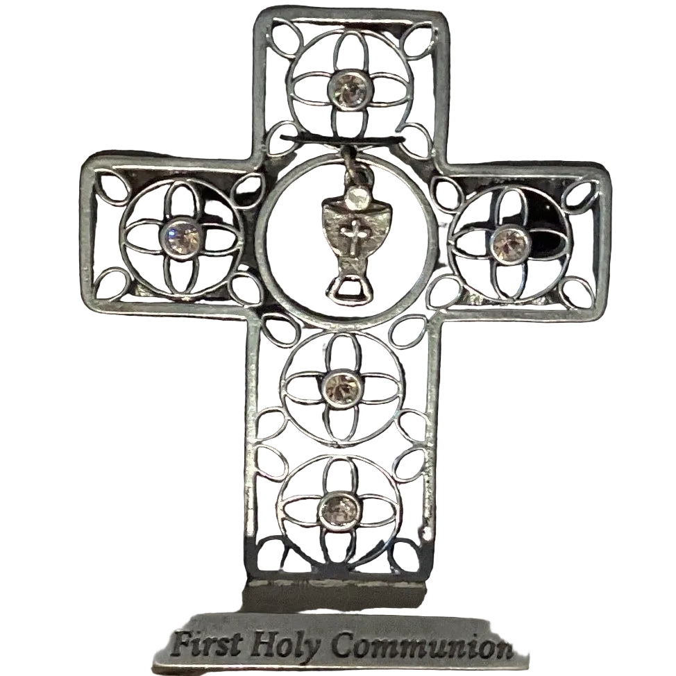 Silver tabletop First Communion cross with Catholic Christian design, 5-inch size, perfect for religious gift and altar decoration.