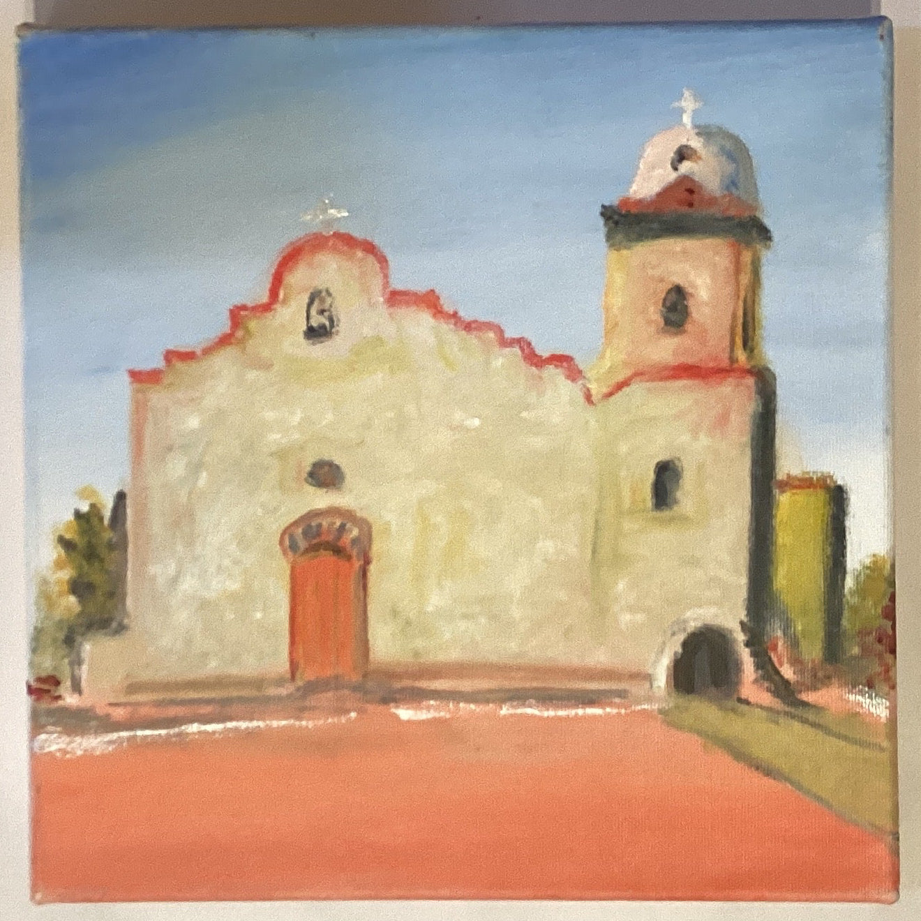 Original Ysleta Mission oil painting on canvas, 10x10 inches, depicting the historic Ysleta Mission by a local El Paso artist.