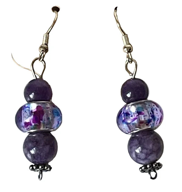 Silver flower bead cap dangle earrings with purple amethyst beads, handcrafted jewelry by Sylvia Leroux.