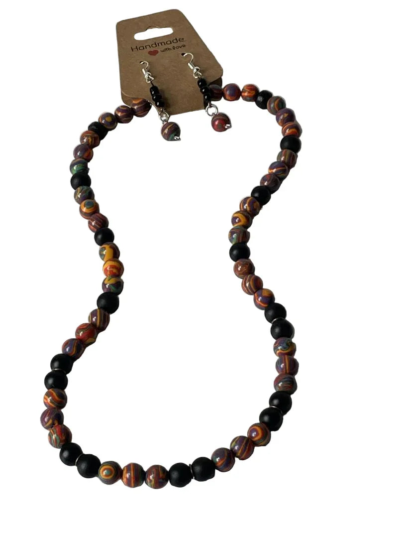 20 Inch Rainbow Calsilica & Black Stone Necklace & Earrings Set - Ysleta Mission Gift Shop