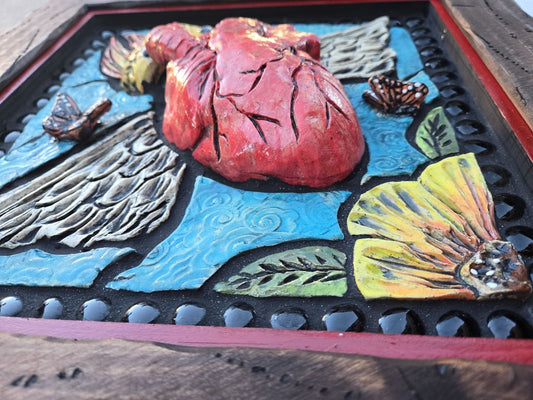 Ceramic Mosaic Sculpture of Heart with Crown and Wings