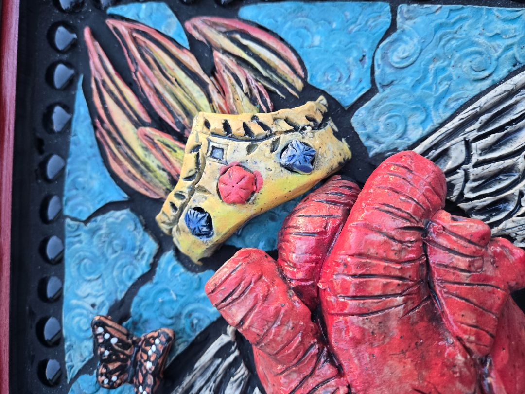 Ceramic Mosaic Sculpture of Heart with Crown and Wings