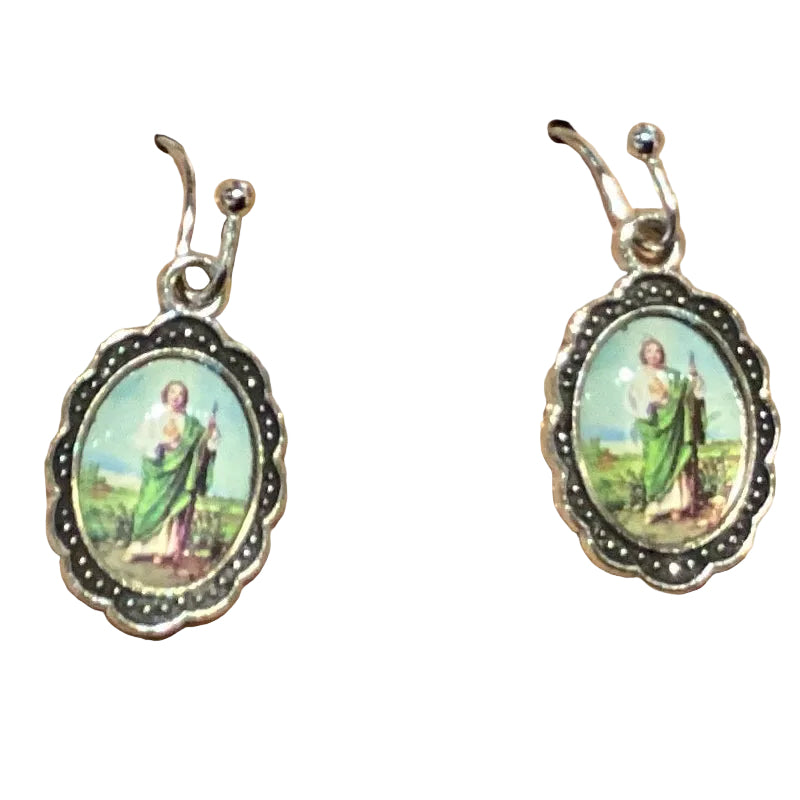 Silver faith-inspired dangle earrings featuring religious symbols, perfect for Catholic and Christian jewelry enthusiasts.