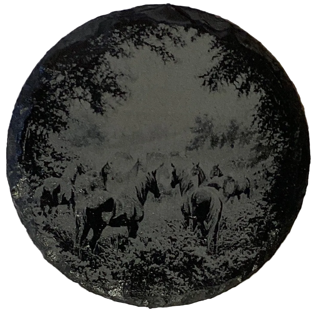 Set of four etched slate coasters with assorted designs, 4x4 inches, ideal for protecting surfaces in home and garden settings.