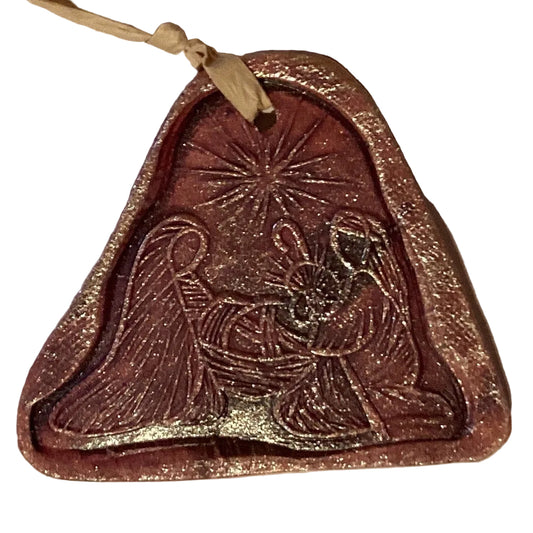 Handmade clay decorative ornaments, 4-inch themed designs, from Ysleta Mission Gift Shop for home and garden decor.