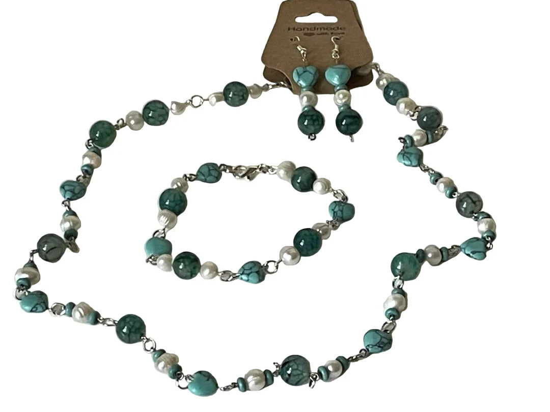 Turquoise agate and pearl beaded necklace set with matching earrings by Sylvia Leroux, 24-inch jewelry and accessories set.