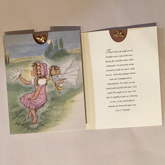 Catholic guardian angel notecard with an angel pin, featuring religious Christian greeting card design and keepsake angel pin.
