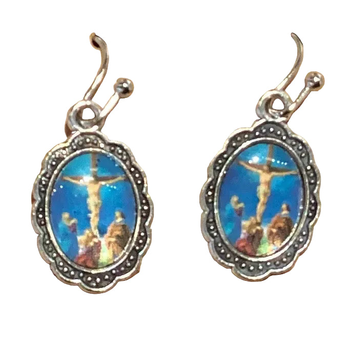 Silver faith-inspired dangle earrings featuring religious symbols, Catholic Christian jewelry with a delicate design.