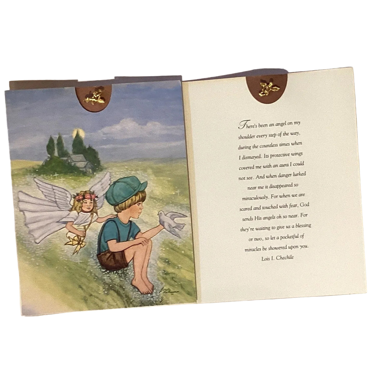 Catholic guardian angel notecard with keepsake angel pin, featuring religious Christian greeting card design and angel illustration.