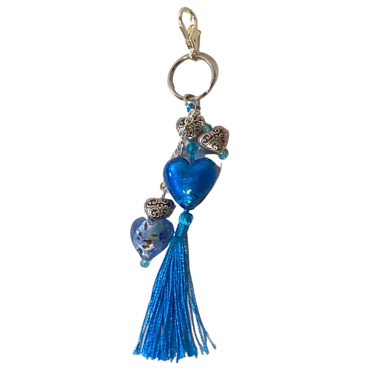 Blue hearts silver keychain with loop and lobster clasp, handmade by Ysleta Mission Gift Shop