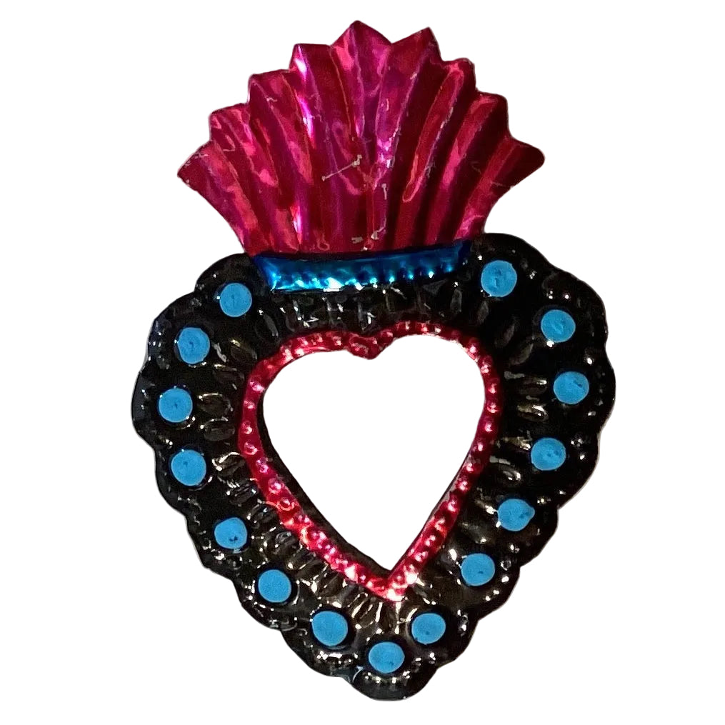 Mexican tin heart mirror ornament, 5-inch decorative refrigerator magnet with vibrant colors and handcrafted design.