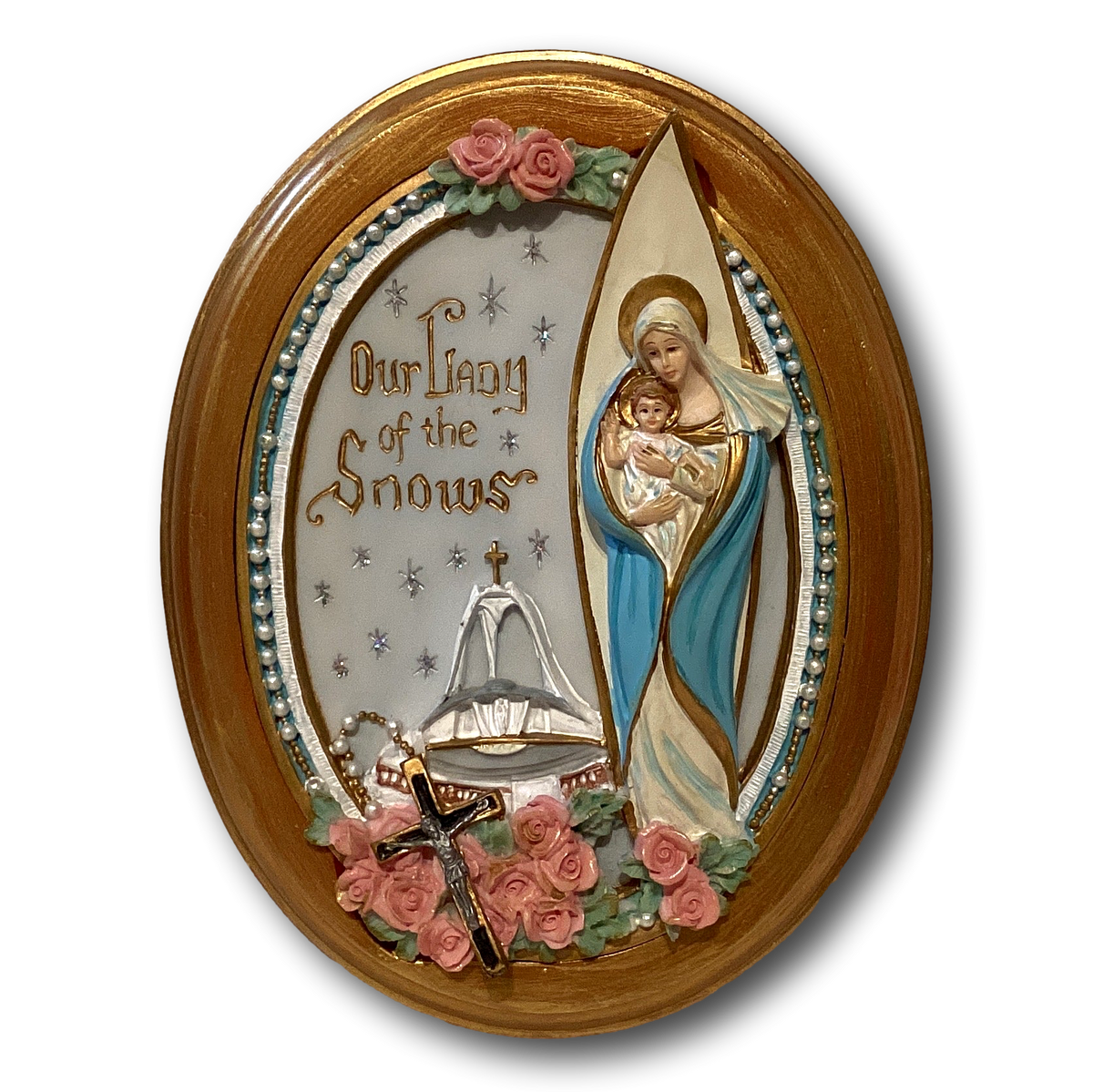 Catholic Our Lady of the Snows devotional plaque, 8-inch religious wall decor featuring detailed image and Christian symbolism.