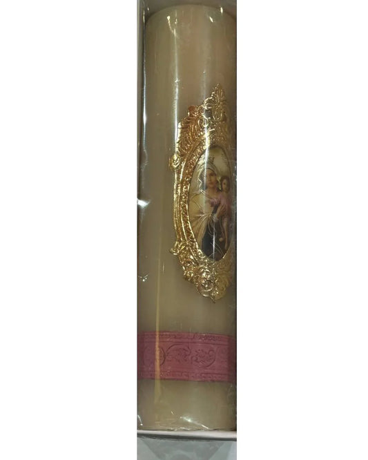 Devotional Handcrafted Patron Saint Candles – Decorative Gold Seal Detail - Ysleta Mission Gift Shop