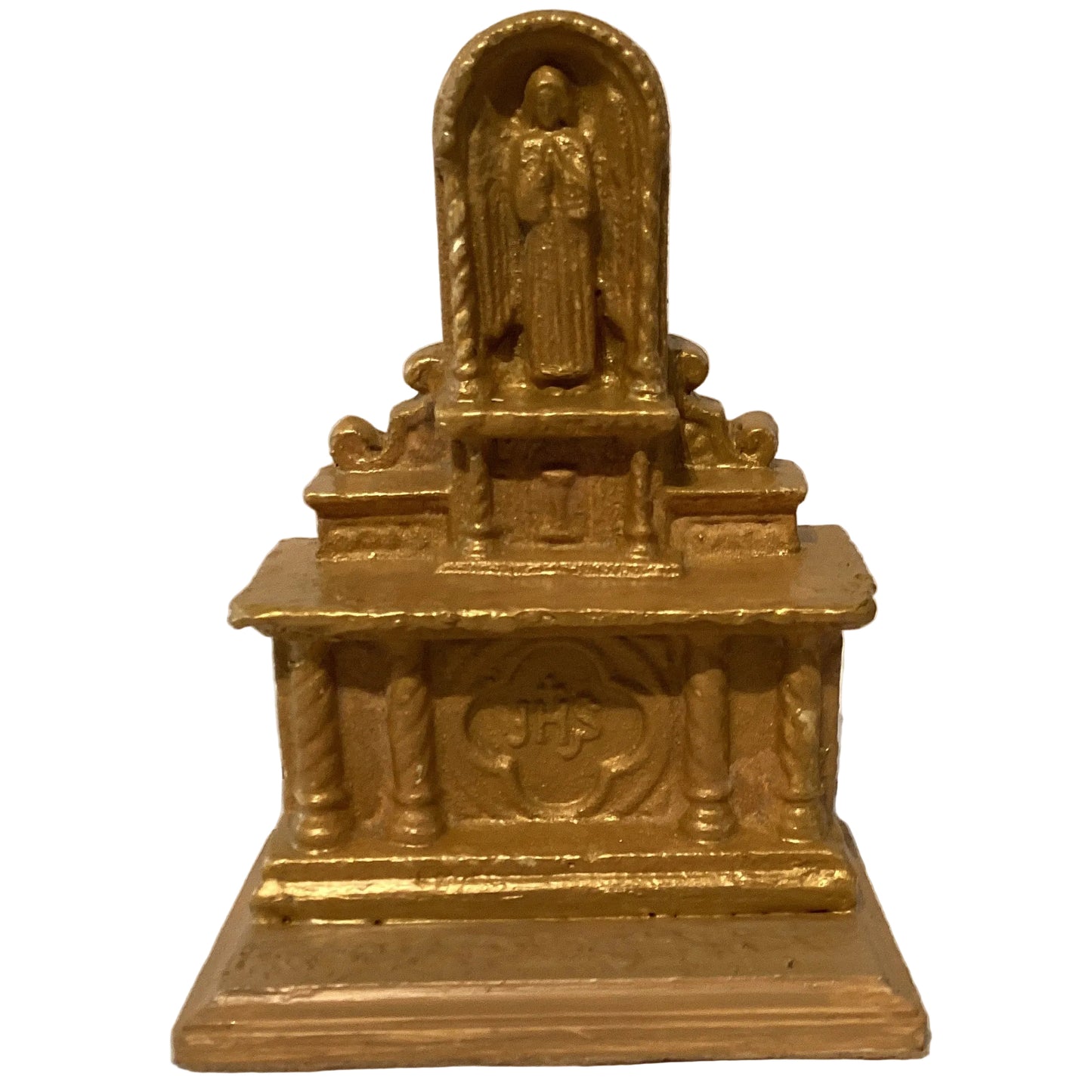 Gold Catholic altar tabletop statue, 8-inch religious figurine representing Christian faith, in detailed design.