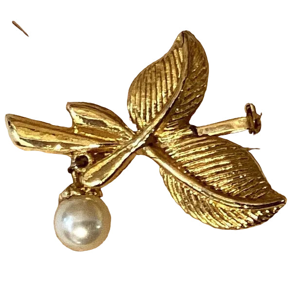 Gold leaves with dangling pearl Catholic brooch, 2-inch Christian jewelry accessory with intricate design.