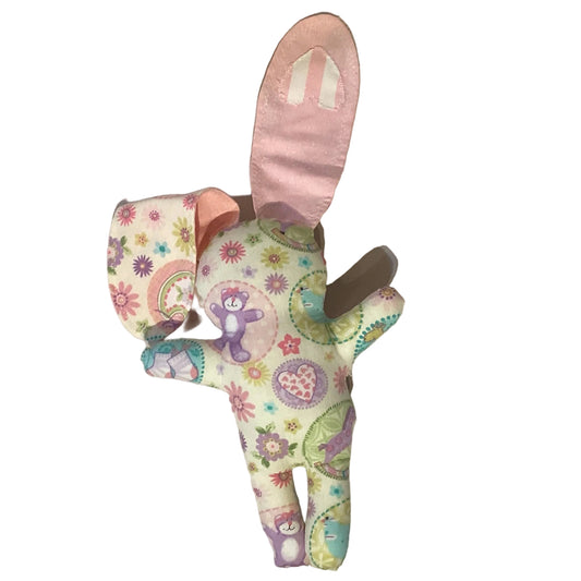 Handmade plush rabbit stuffed animal from Ysleta Mission Gift Shop, soft and cuddly toy for home and garden decor or play.