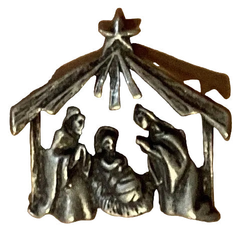 Silver 1-inch Nativity brooch featuring detailed religious scene, perfect for Catholic and Christian jewelry accessories.