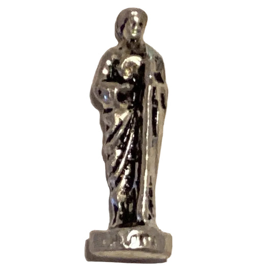 Metal Saint Jude Catholic statue, 1 inch tall, depicting Saint Jude with a compassionate expression and holding a staff.