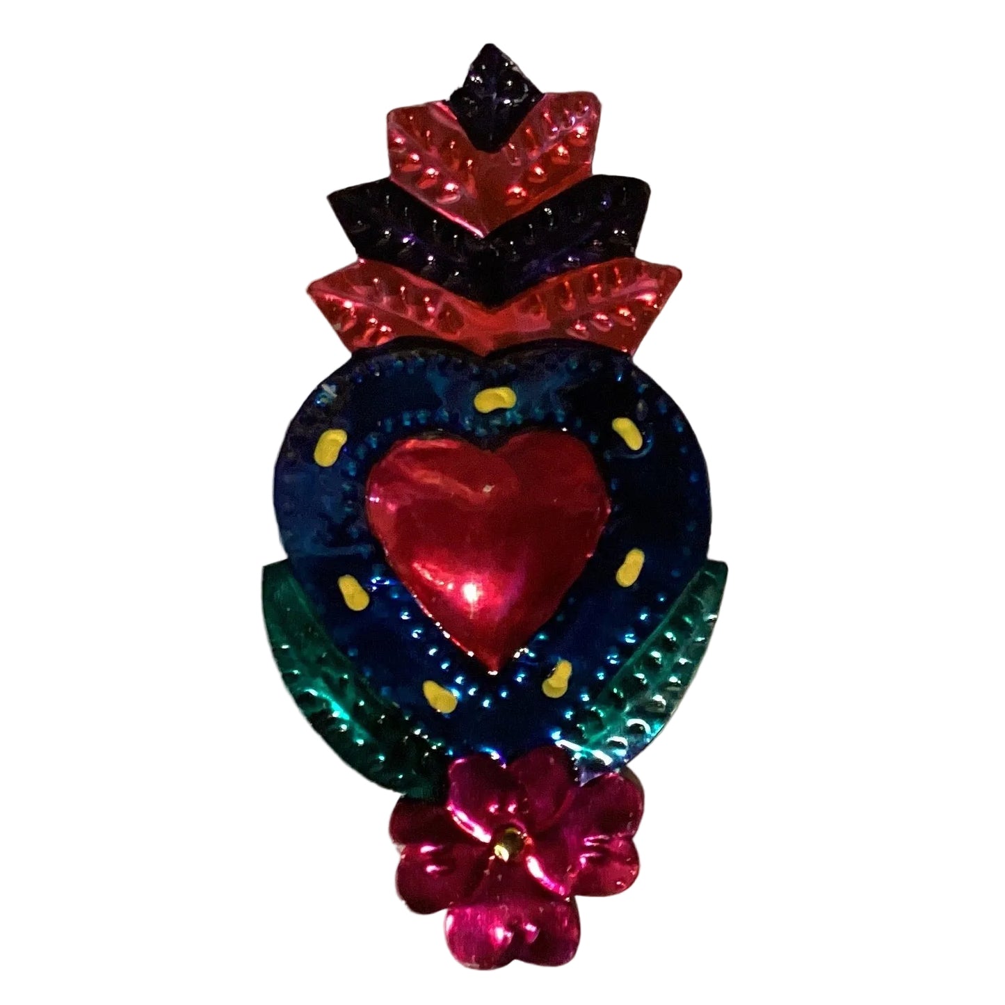 Mexican 5.5-inch tin heart magnet with colorful traditional design, handmade home decor for refrigerators from Ysleta Mission Gift Shop.